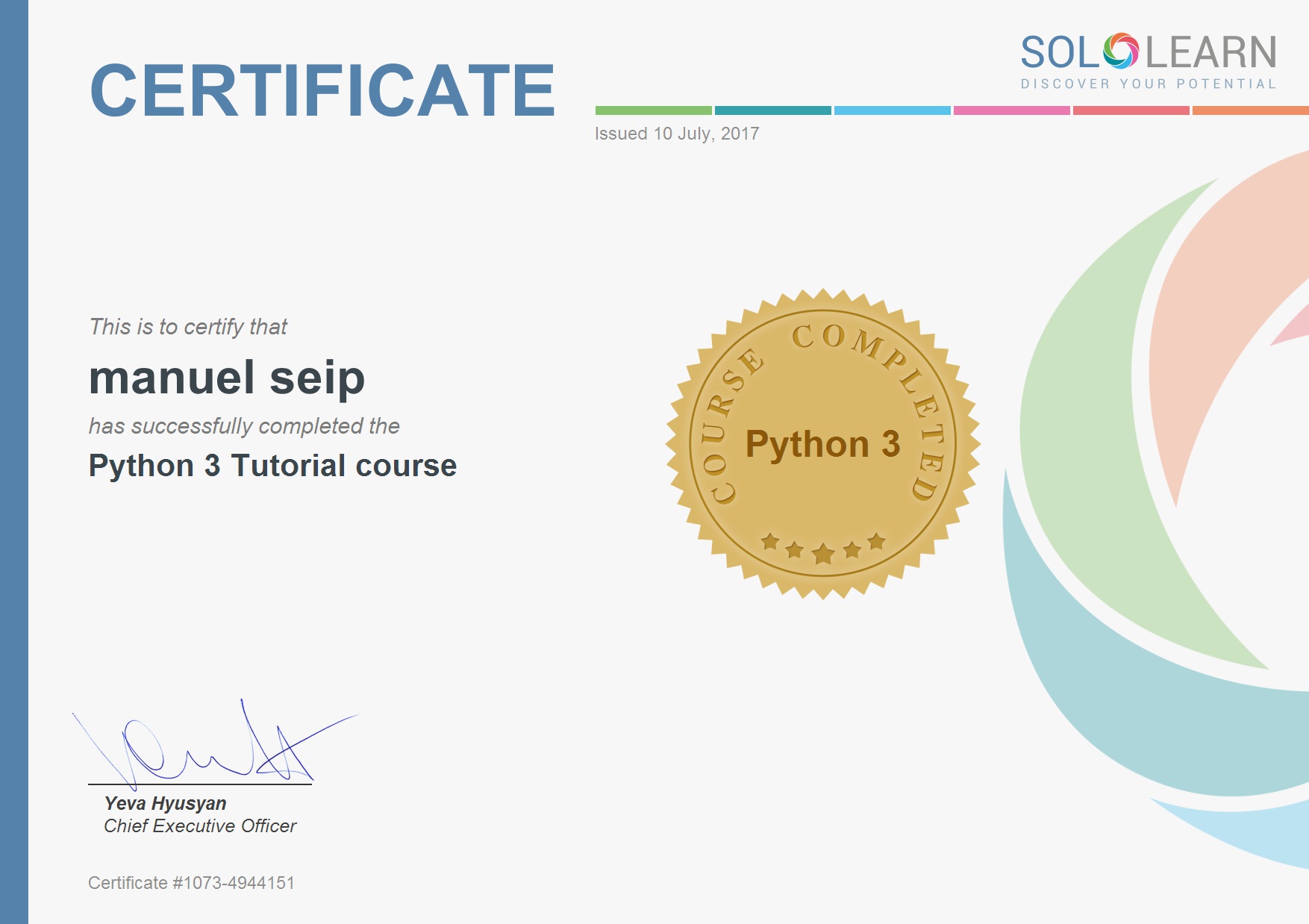 Python 3 Tutorial Course Certificate from SoloLearn